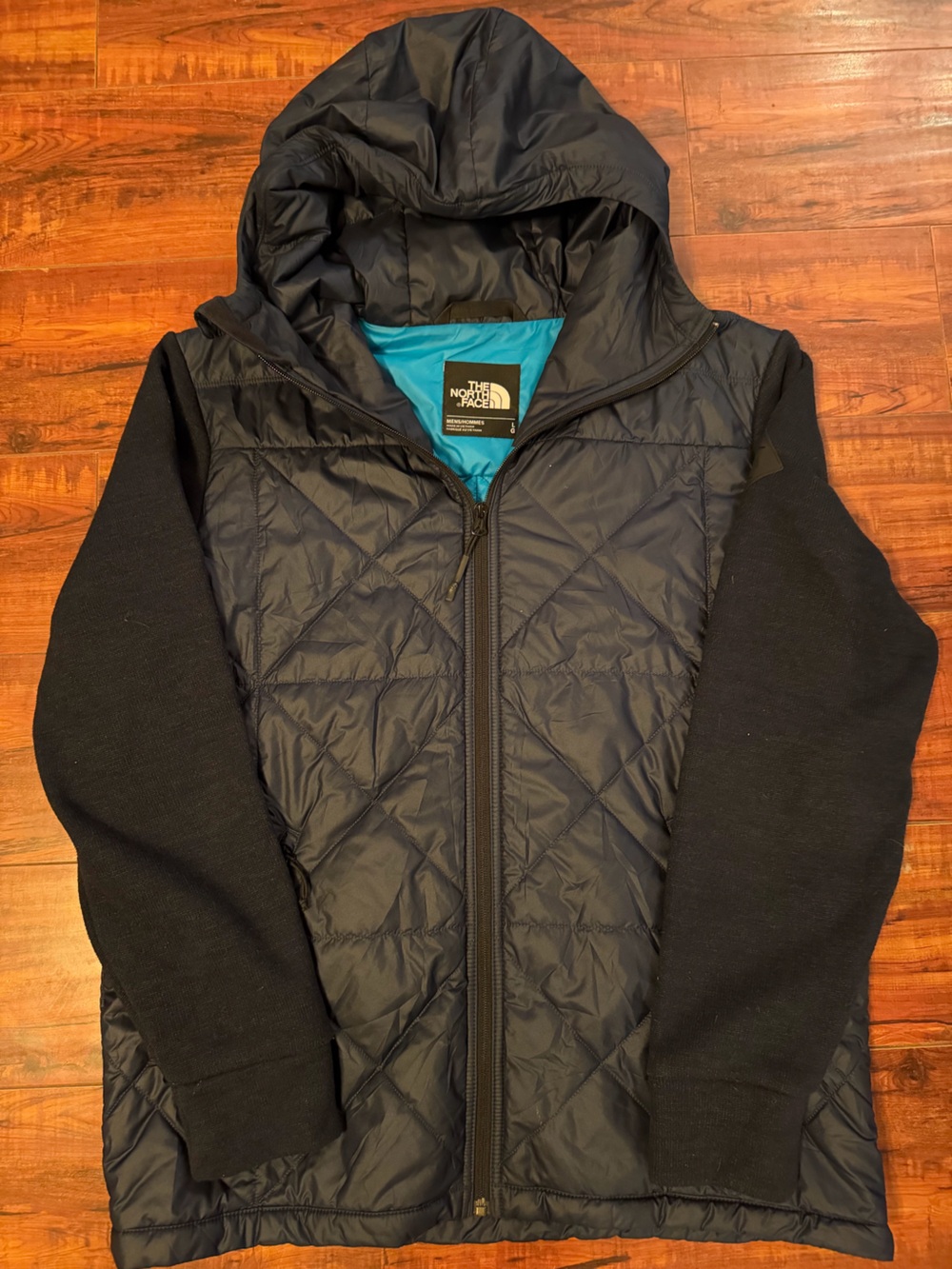 The North Face Men’s Quilted Hooded Jacket Size L Navy Black Full Zip